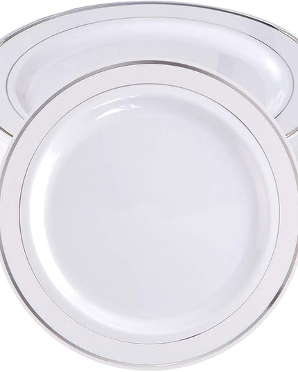 bUCLA 100Pieces Silver Rim Plastic Plates - 7.5inch Silver Salad/Dessert Plates Disposable - Ideal for Weddings, Parties & Christmas