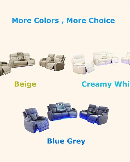 Power Recliner Sofa and Loveseat Set, Beige Leather Reclining Sofa Sectional Couches with Drop-Down Table, Living Room Furniture, Reclining Sofa with Cup Holders/Storage Console for House