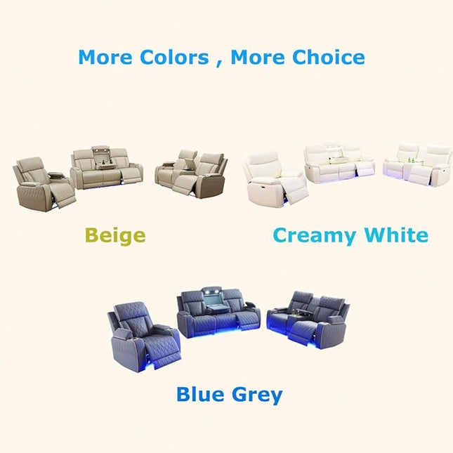 Power Recliner Chair Set, Leather Reclining Sectional Couch with Adjustable Angle, Living Room Furniture Sets, Modern Reclining Single Chair with Comfy Armrests for RV, Vanilla White