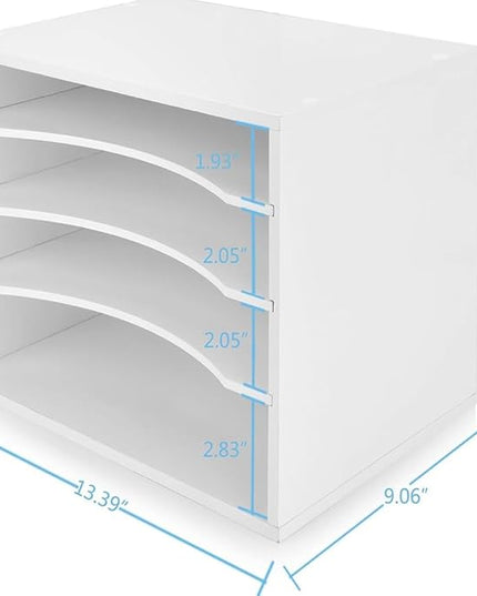 EMERIT 4-Tier Adjustable Paper Organizer, Large Capacity Desktop Organzier for Textbooks/Magazines/Office Files, Wooden Dividers, 7 lbs per Shelf, White
