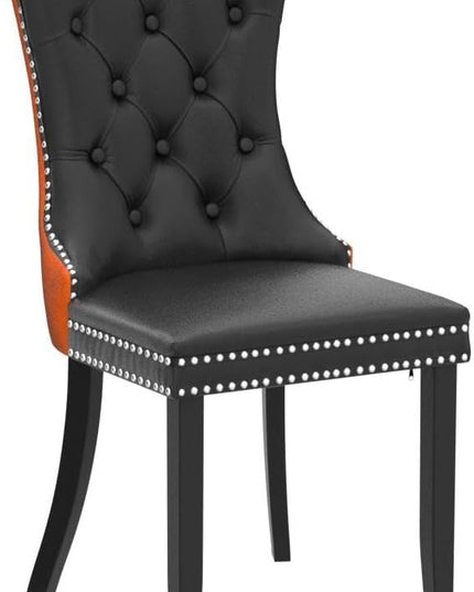SoarFlash Leather Dining Chairs Set of 2, Tall Back Side Chair, Modern Upholstered Side Chair with Button Back Ring, Solid Wood Legs (Black&Orange)