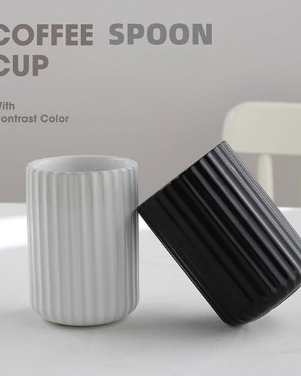 Stoneware Coffee Bar Utensil Holder Tea & Coffee Spoon & Stirrer Holder for Stir Stick Straw Teaspoon Holder Spoon Cup Small Utensil Jar Fluted Vertical Stripe (Pure White)