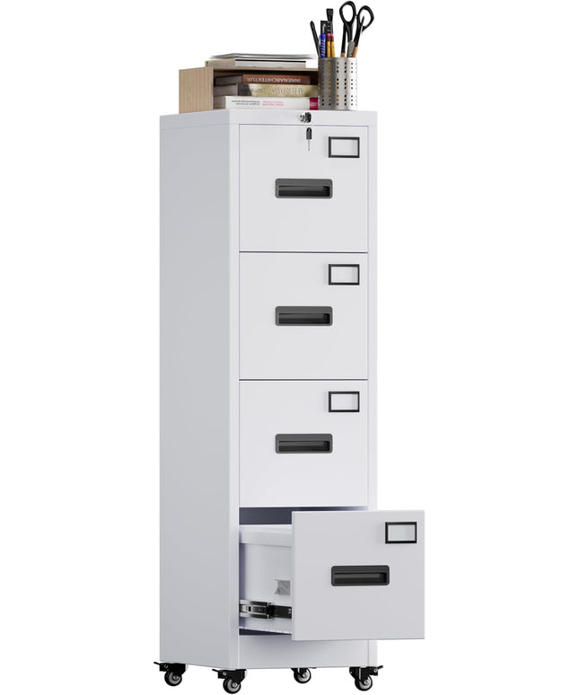 METAN 4 Drawer File Cabinet on Wheels, Lockable Metal Filing Cabinet with Handle and Name Card for Office Home,Assembly Required,White