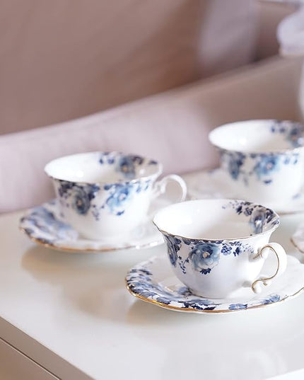 Jomop Ceramic Tea Cups Coffee Cup and Saucers Set of 4 (Blue and White)