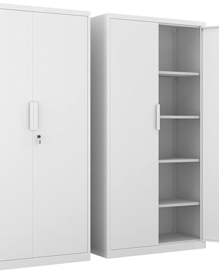 Metal Garage Storage Cabinet with Lock, 72" Tall Steel Storage Locker with 4 Adjustable Shelves, Heavy Duty Metal Cabinet for Garage, Office, Home, White