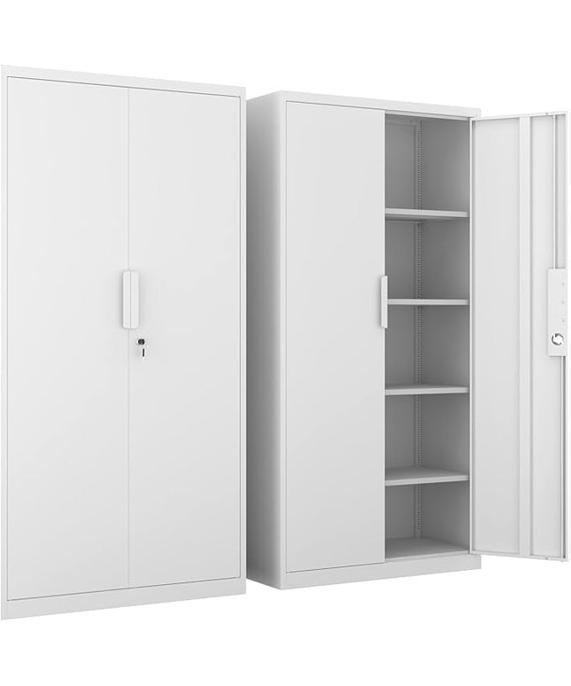 Metal Garage Storage Cabinet with Lock, 72" Tall Steel Storage Locker with 4 Adjustable Shelves, Heavy Duty Metal Cabinet for Garage, Office, Home, White