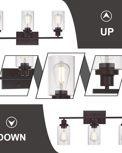 MELUCEE 3 Light Bathroom Vanity Light Oil Rubbed Bronze, Industrial Wall Light Fixture with Clear Glass Shade Sconces for Bedroom Porch Kitchen Living Room (Patent No.: US D963914 S)