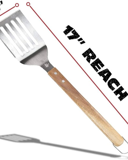 BBQ-AID Pro BBQ Metal Spatula - 17" Barbecue Spatula Stainless Steel with Serrated Knife Edge - Acacia Wood Handle - Heavy Duty Built to Last