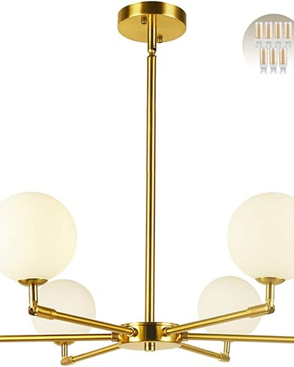 6-Lights Globe Mid Century Chandelier Modern Sputnik Pendant Light Fixture with G9 Bulb Brushed Brass Finished with White Globe Glass Lampshade Dining Kitchen Island Bedroom Lighting (Gold)