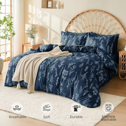 MUXHOMO Navy Blue Bed in a Bag Queen 7 Pieces, Queen Comforter Set Reversible Botanical Flowers Design, Ultra Soft & Breathable Bedding Sets with Comforter, Sheets, Pillowcases & Shams