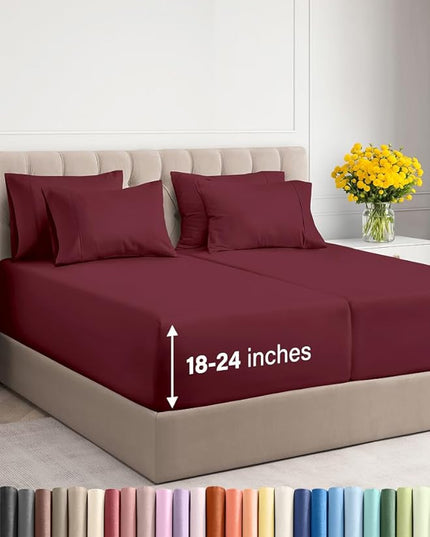 Extra Deep Split King Sheet Set - 7 Piece Breathable and Cooling Sheets - Hotel Luxury Bed Sheets Set - Easy Fit - Soft, Wrinkle Free and Comfy Sheets Set - Burgundy Sheet Set with Extra Deep Pockets