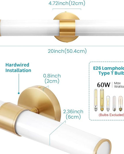 Gold Bathroom Light Fixtures, Vanity Lights for Mirror with Milk Glass Shade, 20 Inch Up and Down Wall Sconces for Bathroom Bedroom Living Room Hallway - Bulb Not Included