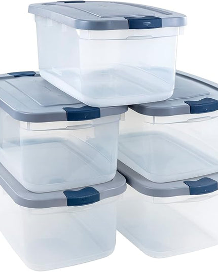 Rubbermaid Roughneck Clear 50 Qt/12 Gal Storage Containers, Pack of 5 with Latching Grey Lids, Visible Base, Sturdy and Stackable, Great for Storage and Organization