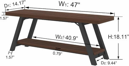 LVB Wood Entryway Bench, Industrial Metal Indoor Shoe Rack, Wooden Storage Bench for Bedroom, Farmhouse Hallway Seating, Walnut, 47 Inch