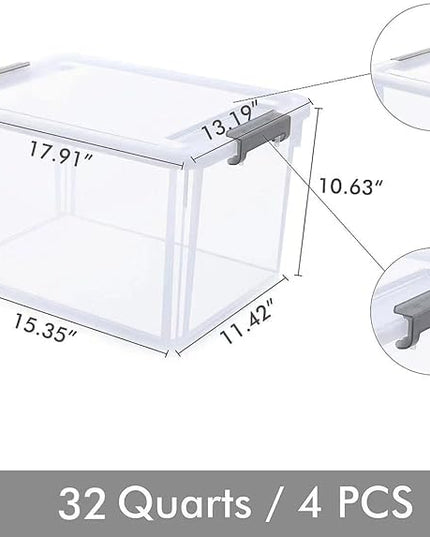 Citylife 32 QT Plastic Storage Bins with Latching Lids Stackable Storage Containers for Organizing Large Clear Storage Box for Garage, Closet, Kitchen, 4 Packs