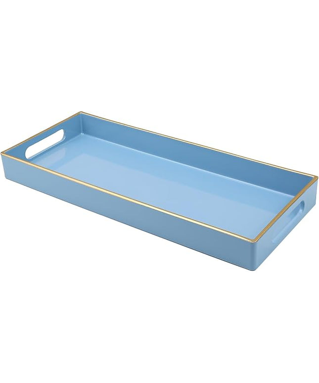 Blue Bathroom Vanity Tray for Countertop, Small Plastic Toilet Tank Versatile Storage & Organization Tray for Makeup, Perfume, Desk, Kitchen, Candles, 13.7"x6"x1.4", 35BL