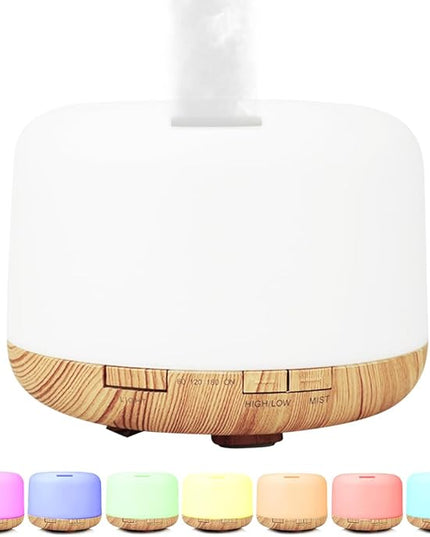 500ml Premium Essential Oil Diffuser,Quiet 4-in-1 Ultrasonic Aromatherapy Humidifier,7 Color LED Lights,with Adjustable Automatic Timer Off Function and Spray Mode. (Light Woodgrain, Basic Edition)