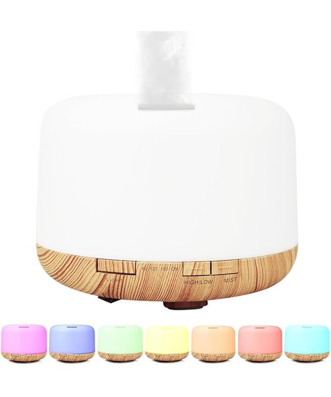 500ml Premium Essential Oil Diffuser,Quiet 4-in-1 Ultrasonic Aromatherapy Humidifier,7 Color LED Lights,with Adjustable Automatic Timer Off Function and Spray Mode. (Light Woodgrain, Basic Edition)
