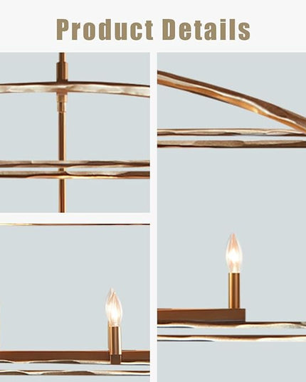 Farmhouse Iron Linear Chandelier, Industrial Cage Adjustable Height Hanging Lamp with Hammered Metal Finish, Light Fixtures for Kitchen Island, Dining Room, Hallway, Foyer, Entryway (Brass)