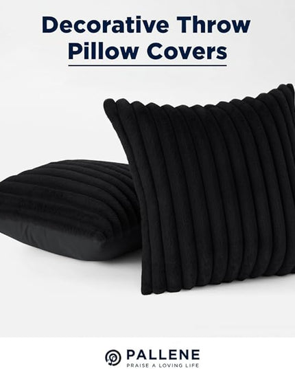 Pallene Faux Fur Plush Throw Pillow Covers 24x24 Set of 2, Luxury Soft Fluffy Striped Decorative Pillow Covers for Sofa, Couch, Living Room, Black