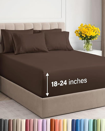 Extra Deep Full Sheet Set - 6 Piece Breathable and Cooling Sheets - Hotel Luxury Bed Sheets Set - Easy & Secure Fit - Soft, Wrinkle Free and Comfy Sheets Set - Brown Sheet Set with Extra Deep Pockets