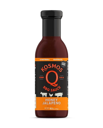 Kosmos Q Honey Jalapeno, Sweet & Spicy BBQ Sauce for Pork, Chicken, Brisket, Ribs & More, Made with Real Honey, Jalapeno & Peach, Thick Marinade & Dipping Sauce, Gluten Free, 15.5 Oz Bottle