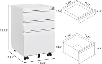 3-Drawer Lockable Mobile File Cabinet – Metal A4/Letter/Legal Size Storage for Home/Office, Pre-Assembled, Space-Saving Under-Desk Cabinet with Wheels (White)