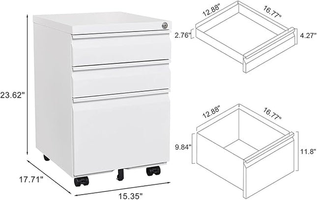 3-Drawer Lockable Mobile File Cabinet – Metal A4/Letter/Legal Size Storage for Home/Office, Pre-Assembled, Space-Saving Under-Desk Cabinet with Wheels (White)