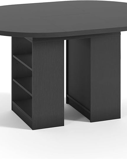 59'' Extendable Dining Table for 4-8, Round Kitchen Room Table with 3-Tier Storage Racks, Adjustable Shelves, Wooden Pedestal Base, for Kitchen, Dinner, Living Room, Office, Black