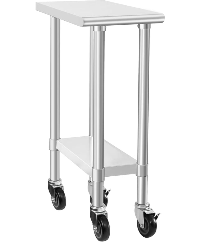 HARDURA Stainless Steel Commercial Table Prep & Work Table with Casters Heavy Duty Metal Table with Wheels NSF 430 24×12 Inches