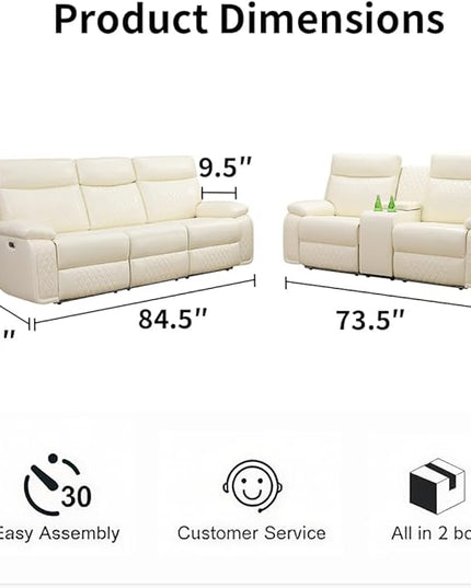 2 Piece Leather Sofa Sets,Power Recliner Sofa and Loveseat Set with LED Light,Living Room Furniture, Reclining Sofa with Cup Holders/Storage Console for House, Vanilla White