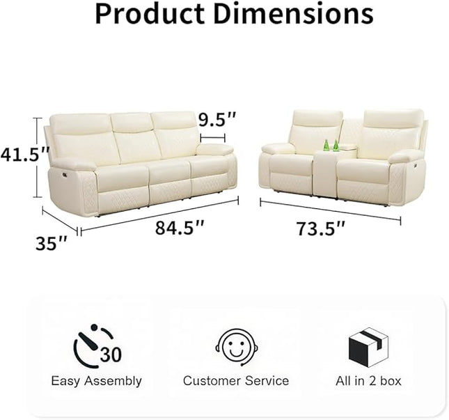 2 Piece Leather Sofa Sets,Power Recliner Sofa and Loveseat Set with LED Light,Living Room Furniture, Reclining Sofa with Cup Holders/Storage Console for House, Vanilla White