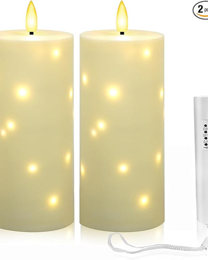 4" x 10" Large Outdoor Waterproof Flickering Flameless Candles with Timer,2Pcs Battery Operated LED Pillar Candles with Embedded Star String for Outdoor Lanterns,Porch,Patio Decor(Ivory)