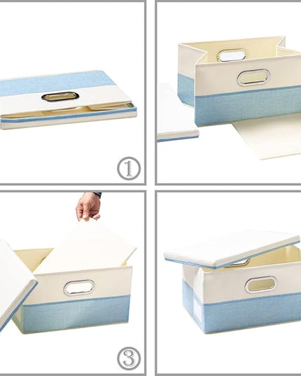 PRANDOM Large Foldable Storage Boxes with Lids [3-Pack] Fabric Collapsible Storage Bins Organizer Containers Baskets Cube with Cover for Home Bedroom Closet Office Nursery Blue&Cream(17.7x11.8x11.8)