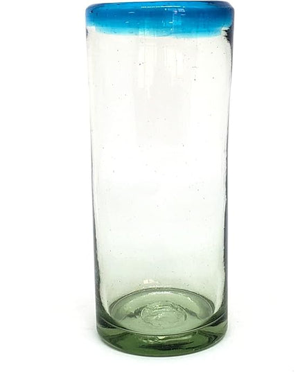 Aqua Blue Rim 15 oz Highball Glasses (set of 6), Recycled Glass, Lead-free, Toxin-Free (Highball)