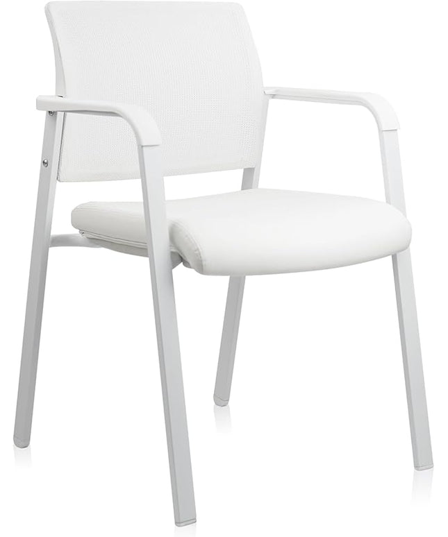 CLATINA Stacking Office Chairs | Mesh Back, Thicken Leather Seat and Streamline Arms, Ergonomic Lumber Support | Guest Reception, Waiting, Conference, School, Party, Customer, Side, Stationary, White
