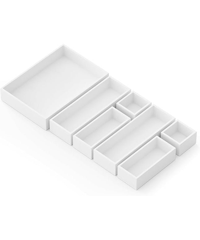 SpaceAid 7-Piece Bamboo Drawer Organizer Storage Boxes Set, Wood Tray Junk Drawer Organizers Multi-Use Divider Bins for Kitchen, Bathroom, Office Desk and Makeup Organization (7 Pack, White)
