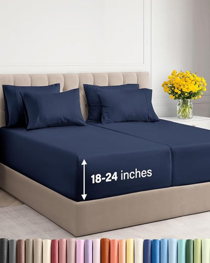 Extra Deep Split King Sheet Set - 7 Piece Breathable and Cooling Sheets - Hotel Luxury Bed Sheets Set - Easy Fit - Soft, Wrinkle Free and Comfy Sheets Set - Navy Blue Sheet Set with Extra Deep Pockets