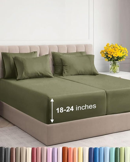 Extra Deep Split King Sheet Set - 7 Piece Breathable & Cooling Sheets - Hotel Luxury Bed Sheets Set - Easy Fit - Soft, Wrinkle Free & Comfy Sheets Set - Sage Green Sheet Set with Extra Deep Pockets
