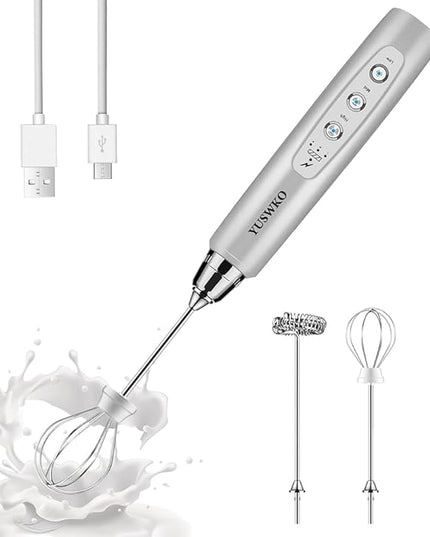 YUSWKO Rechargeable Milk Frother Handheld with 3 Heads, Silver Coffee Electric Whisk Drink Foam Mixer, Mini Hand Stirrer with 3 Speeds Adjustable for Latte, Cappuccino, Hot Chocolate, Egg