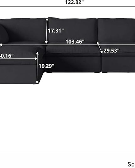 JACH L Shaped Sectional Couches for Living Room, Black Sectional Couch with Chaise Ottoman, Deep 3-Seats Modular Sofa, Cushion Covers Removable, Two Corners and A Middle Sofa for Living Room