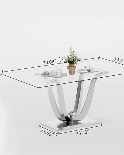 70" Silver Tempered Glass Dining Table, Modern Glass Kitchen Table Dining with Tempered Glass Tabletop and Unique Stainless Steel Pedestal, Modern Kitchen Dining Room Table for 8