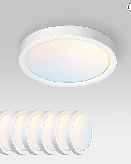 ASD LED 7" Round Flush Mount Ceiling Light Fixture, Low Profile Surface Lighting | 5CCT, Dimmable, Ultra-Thin, ETL Listed | 15W 1260LM 2700-6000K 120V | Kitchen, Bedroom, Hallway Lamp | White, 6 Pack