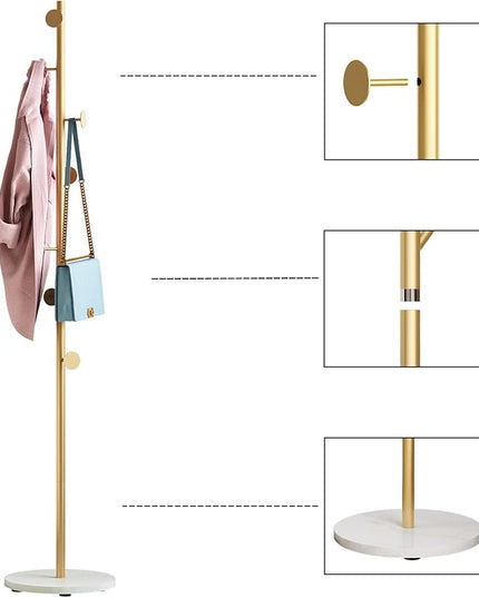 Gold Coat Racks, Metal Coat Rack Freestanding with Hooks, Entryway Coat Rack Stand, Coat Racks with Marble Base, Coat Tree for Hanging Clothes, Hats, Bags