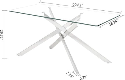 60" Rectangular Glass Dining Table Modern Kitchen Glass Top Table for 6 with Silver Metal Legs, Clear Dining Table Kitchen Table for Home Office Dining Room