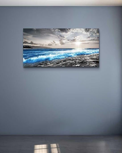 hyidecorart Wall Decor For Living Room Framed Canvas Wall Art For Office Bedroom Decorations Blue Ocean Wall Painting Black and White Beach Pictures Artwork Modern Mural Home Walls Decor