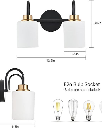 Modern Matte Black and Gold Bathroom Vanity Light Fixtures 2 Lights Milky Glass Wall Sconce Light Modern Vanity Lights Over Mirror(Exclude E26 Bulb)