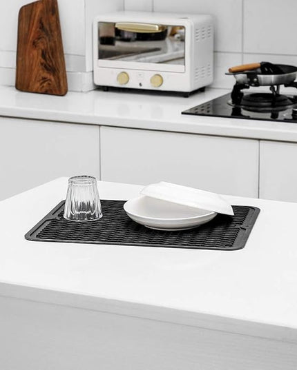 Silicone Dish Drying Mat for Multiple Usage,Easy clean,Eco-friendly,Heat-resistant Silicone Mat for Kitchen Counter or Sink,Refrigerator or drawer liner Black L 16 inches x 12 inches