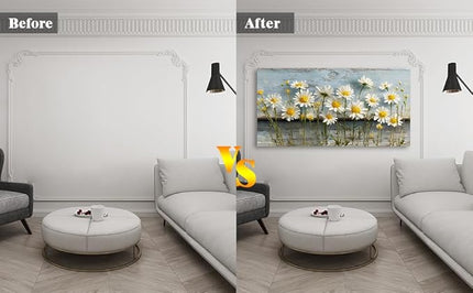 KZKU Rustic Daisy Canvas Wall Art-Large Floral Print on Weathered Blue Wood Background- Modern Farmhouse Decor for Living Room Bedroom 24X48in