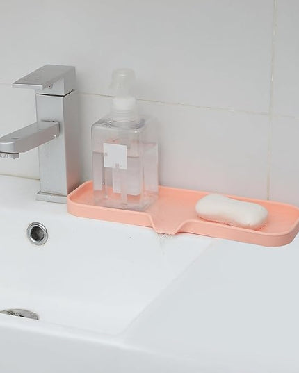 Silicone Bathroom Soap Dishes with Drain Spout-Bathroom and Kitchen Sink Organizer,Sponge Holder,Dish Soap Tray,Perfect for Dispenser,Scrubber,Bottle,Cup on Sink or Counter-Pink 12"×4"